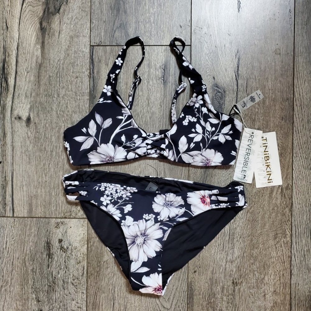 TiNiBiKiNi Black Floral Print Reversible Bikini
